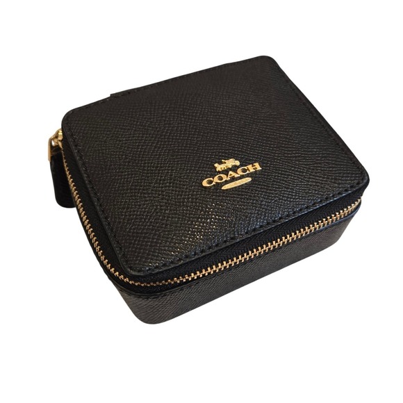 Coach Jewelry Travel Case Organizer Box Black Crossgrain Leather Zipper - Picture 1 of 4